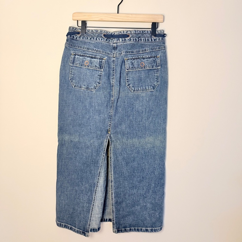 Vintage 90s Old Navy Low Rise Maxi Denim Skirt Y2K Distressed Drawstring SZ 6 - Picture 3 of 7